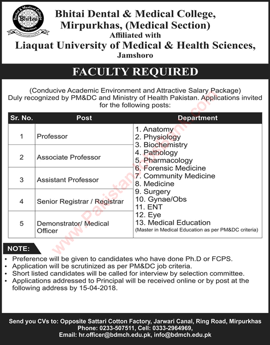 Bhitai Dental and Medical College Mirpurkhas Jobs 2018 March Teaching Faculty, Medical Officers & Others Latest