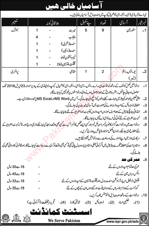 CASD EME Dhamial Camp Rawalpindi Jobs 2018 April Storeman & USM Labour Latest