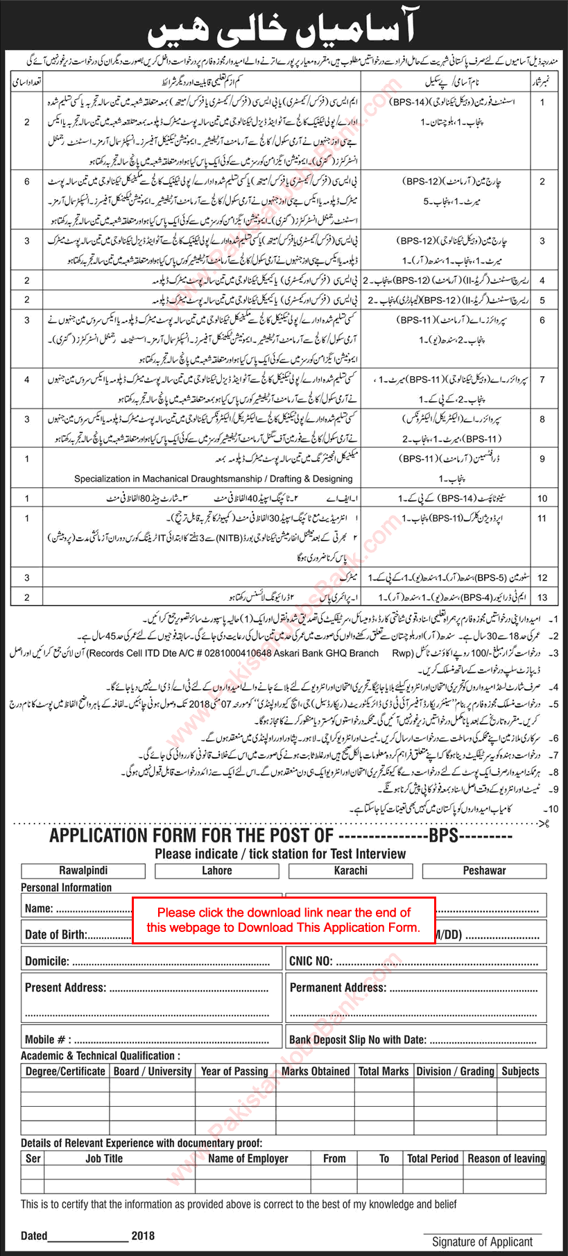 ITD Directorate GHQ Rawalpindi Jobs 2018 April Application Form Chargeman, Supervisors & Others Latest