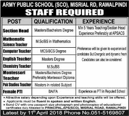 Army Public School Rawalpindi Jobs April 2018 SCO Teachers, PTI & Section Head APS Latest