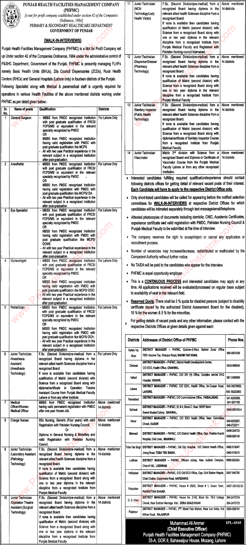 Punjab Health Facilities Management Company Jobs 2018 April Medical Officer,Technicians & Others PHFMC Latest