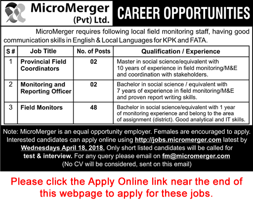 Micromerger Pakistan Jobs 2018 April Apply Online Field Monitors & Others Latest