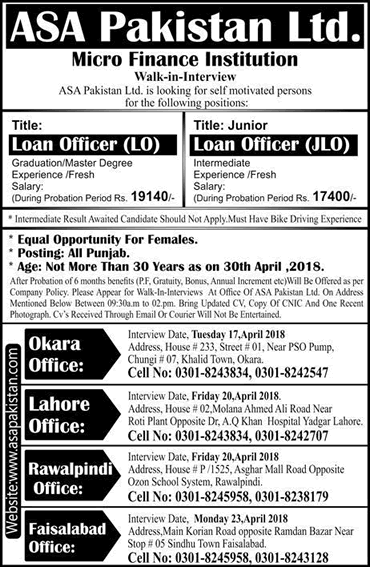 Loan Officer Jobs in ASA Pakistan April 2018 Walk in Interview Microfinance Institution Latest