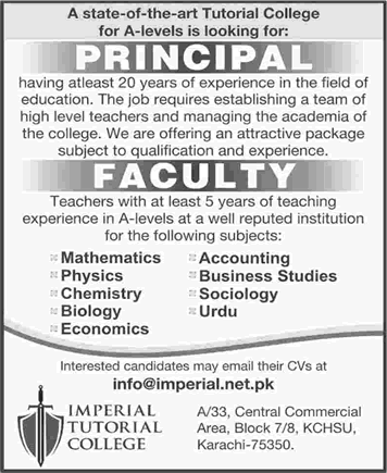 Imperial Tutorial College Karachi Jobs 2018 April Teaching Faculty & Principal Latest