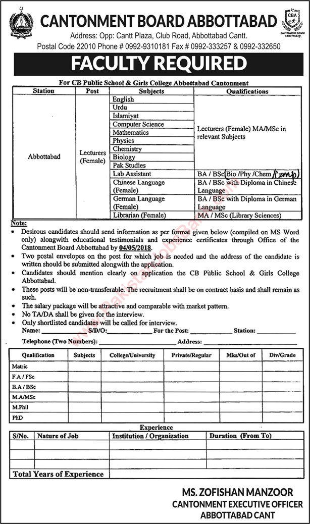 Cantonment Board Public School and Girls College Abbottabad Jobs 2018 April Lecturers & Others Latest