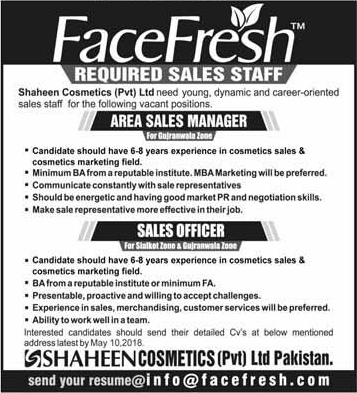 Sales Manager & Officer Jobs in Sialkot / Gujranwala 2018 April Shaheen Cosmetics Pvt Ltd Latest