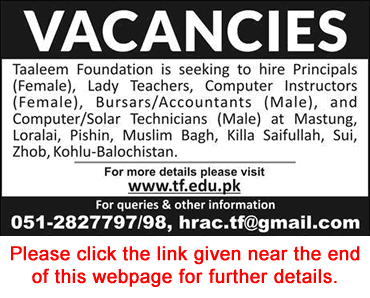 Taleem Foundation Balochistan Jobs April 2018 Lady Teachers, Computer Instructors & Others Latest