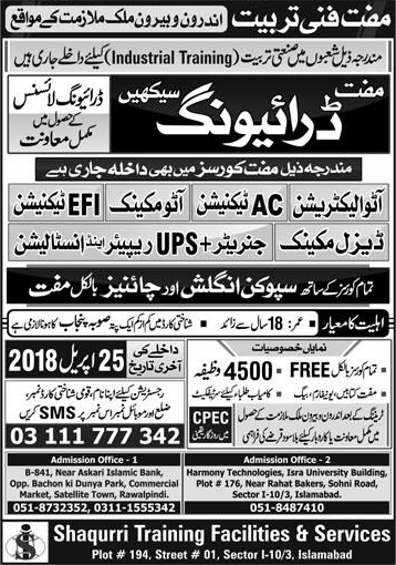 Free Training Courses in Islamabad / Rawalpindi 2018 April Shaqurri Training Facilities and Services Latest