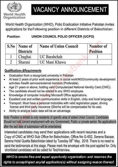 Union Council Polio Officer Jobs in WHO Balochistan April 2018 Polio Eradication Initiative Latest