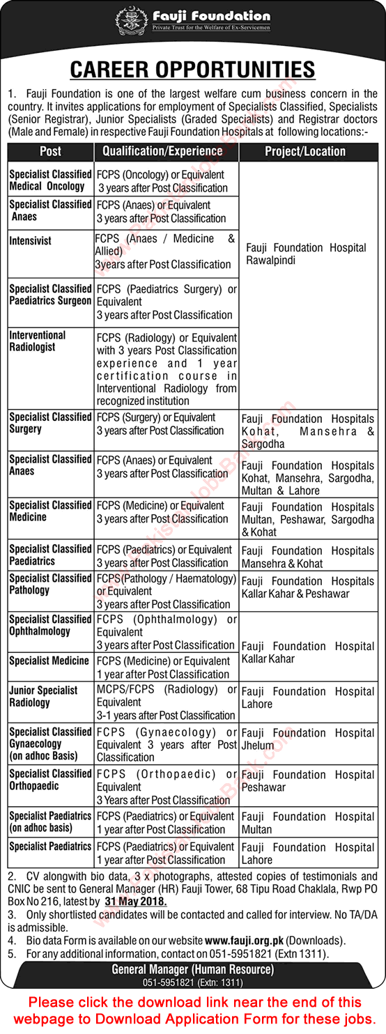 Fauji Foundation Hospitals Jobs April 2018 May Application Form Specialist Doctors Latest