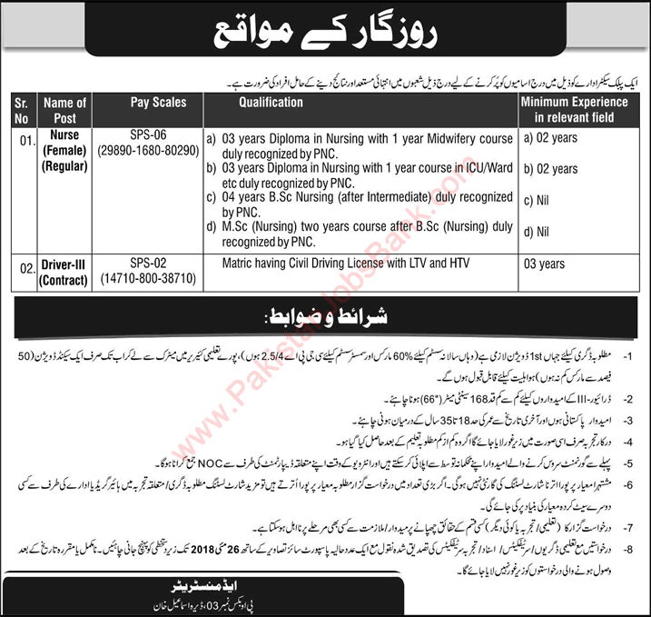 PO Box 03 Dera Ismail Khan Jobs 2018 May Nurses & Drivers Public Sector Organization Latest