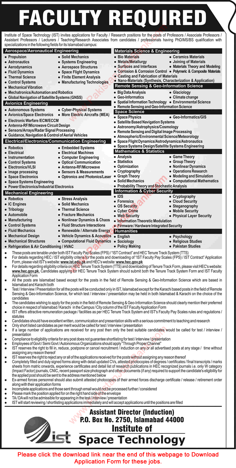 Institute of Space Technology Islamabad Jobs 2018 May Application Form Teaching Faculty Latest
