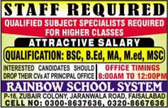 Teaching Jobs Faisalabad May 2018 at Rainbow School System Latest