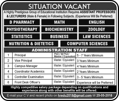 Teaching Faculty & Admin Jobs in Faisalabad 2018 May Latest