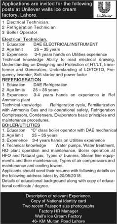 Unilever Walls Ice Cream Factory Lahore Jobs 2018 May Electrical / Refrigeration Technicians & Boiler Operator Latest