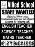 Teaching Jobs in Rawalpindi May 2018 at Allied School Mehar Campus Latest