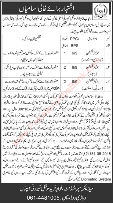 Khawaja Fareed Social Security Hospital Multan Jobs 2018 May Dispensers, OT & Lab Assistant Latest