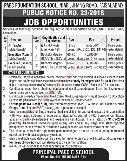 PAEC Foundation School Faisalabad Jobs 2018 May NIAB Admin / Finance Executives & Teachers Latest