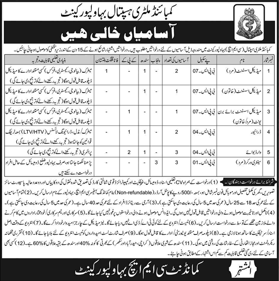 CMH Bahawalpur Jobs 2018 May Medical Assistants, Ward Boys & Others Combined Military Hospital Latest