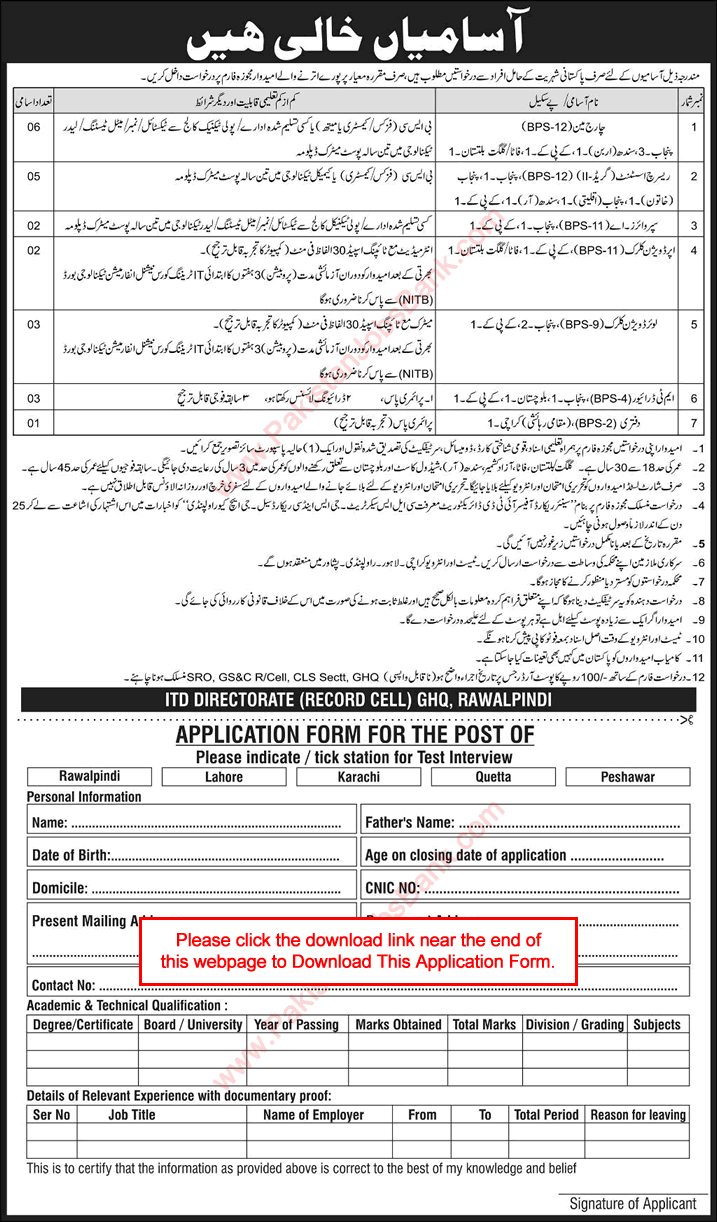 ITD Directorate GHQ Rawalpindi Jobs May 2018 Application Form Clerks, Chargeman & Others Latest