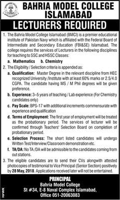 Lecturer Jobs in Bahria Model College Islamabad 2018 May Latest