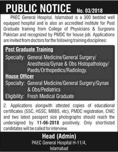 PAEC General Hospital Islamabad House Job & Postgraduate Training 2018 May Latest
