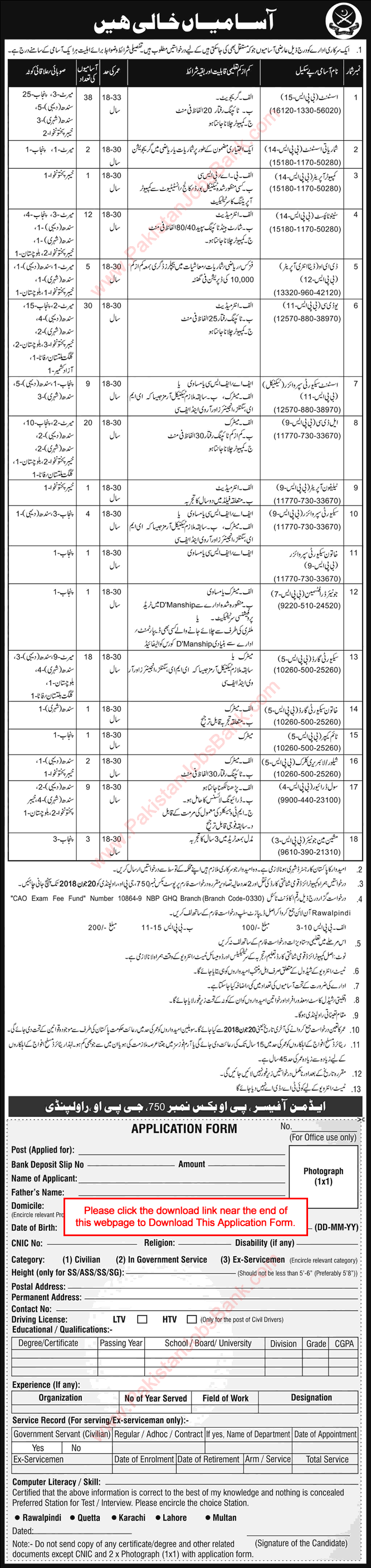 PO Box 750 GPO Rawalpindi Jobs June 2018 Application Form Assistants, Clerks & Others Pakistan Army Latest