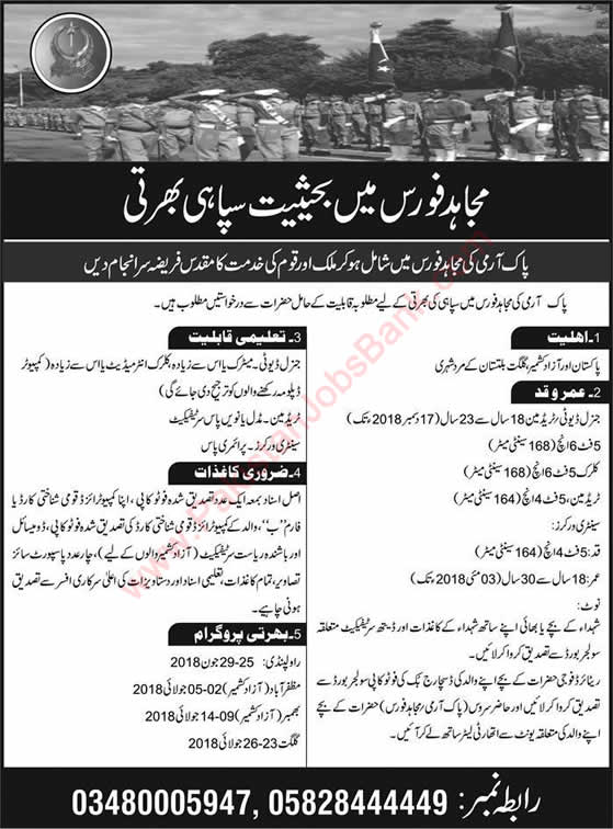 Mujahid Force Jobs 2018 June Join as Sipahi General Duty, Clerk, Trademan & Sanitary Worker Latest