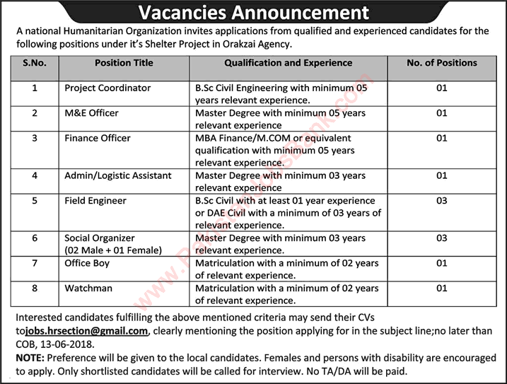 NGO Jobs in KPK 2018 June Orakzai Agency Field Engineer, Social Organizers & Others Latest