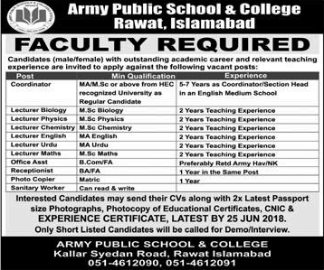 Army Public School and College Rawat Islamabad Jobs June 2018 Lecturers & Others Latest