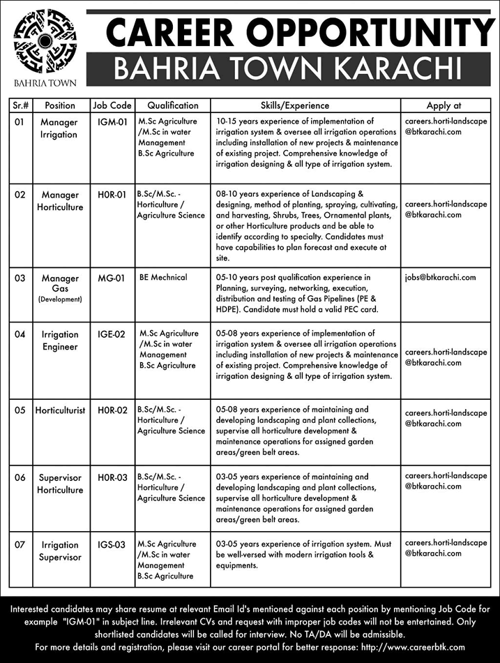 Bahria Town Karachi Jobs June 2018 Irrigation / Horticulture Supervisors & Others Latest