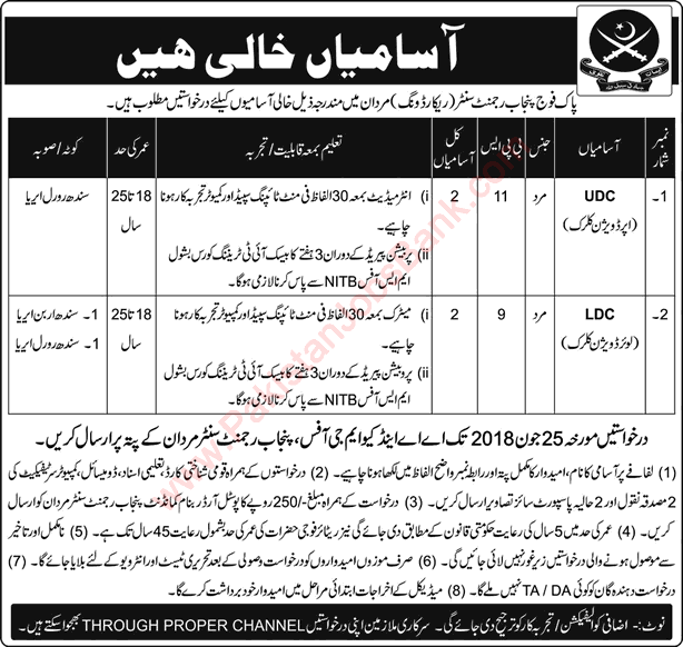 Clerk Jobs in Punjab Regiment Centre Mardan June 2018 Pakistan Army Latest