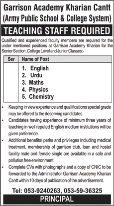 Garrison Academy Kharian Jobs 2018 June for Teachers Army Public Schools and Colleges System Latest