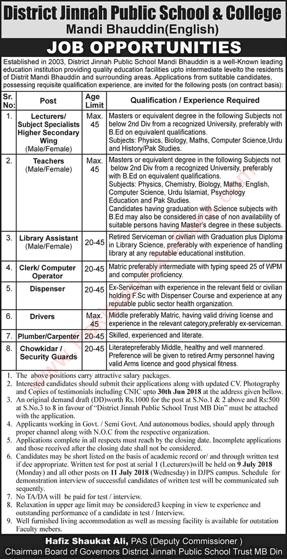 District Jinnah Public School and College Mandi Bahauddin Jobs 2018 June Teaching Faculty & Others Latest