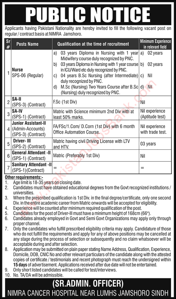 NIMRA Cancer Hospital Jamshoro Jobs 2018 June Nurses, Scientific Assistants & Others Latest