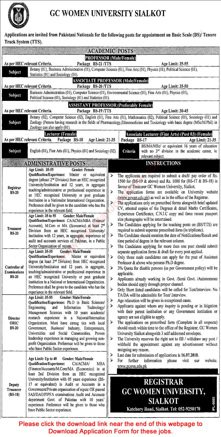 GC Women University Sialkot Jobs 2018 June Application Form Teaching Faculty & Others Latest