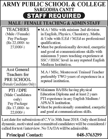 Army Public School and College Sargodha Jobs 2018 June Teachers & PTI / DPE Latest