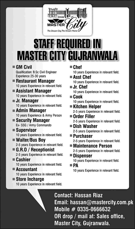 Master City Gujranwala Jobs 2018 June Cashier, Receptionist, Accountant & Others Latest