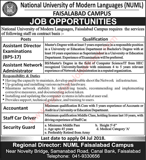 NUML University Faisalabad Campus Jobs 2018 June National University of Modern Languages Latest