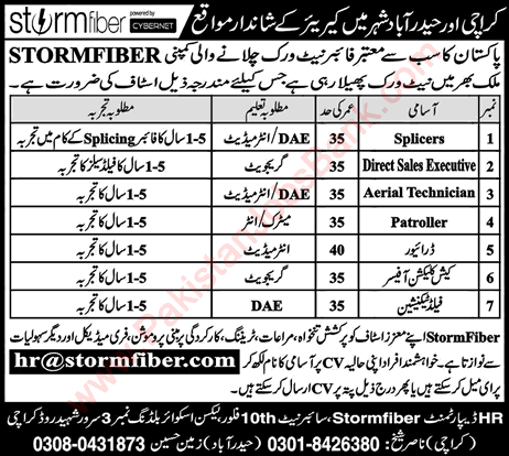 Storm Fiber Jobs 2018 June Karachi / Hyderabad Splicers, Sales Executives, Field Technician & Others Latest