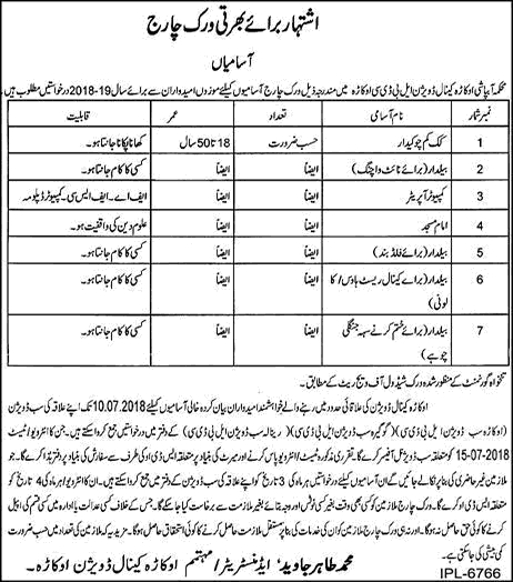 Irrigation Department Okara Jobs 2018 June / July Baildar, Cook / Chowkidar & Others Canal Division LBDC Latest