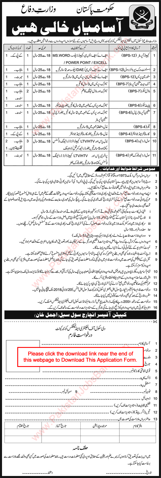 School of Infantry and Tactics Quetta Jobs July 2018 Application Form Ministry of Defence Latest