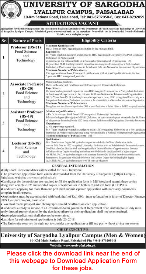 University of Sargodha Lyallpur Campus Faisalabad Jobs 2018 July Application Form Teaching Faculty Latest