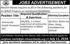Community Health Promoter Jobs in Muslims Hands Pakistan 2018 July NGO WASH Project Latest