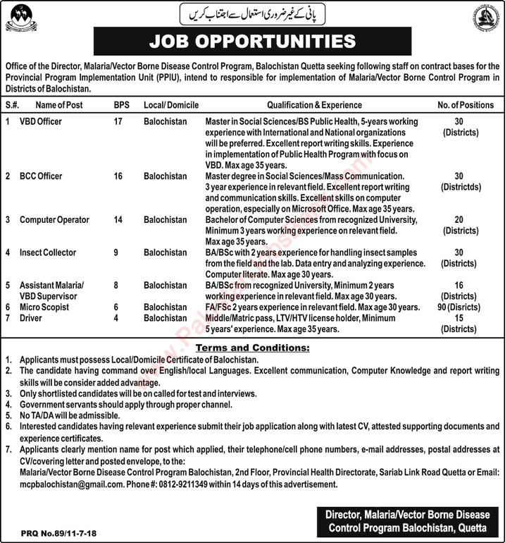 Malaria / Vector Borne Disease Control Program Balochistan Jobs 2018 July Microscopists & Others Latest