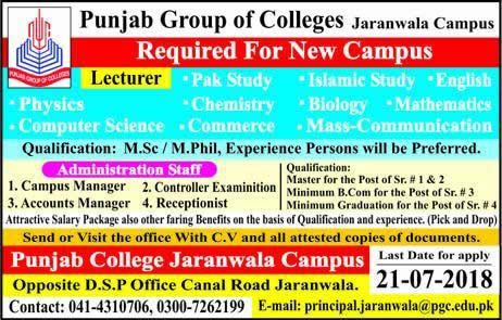 Punjab Group of Colleges Jaranwala Campus Jobs 2018 July Lecturers & Admin Staff Latest