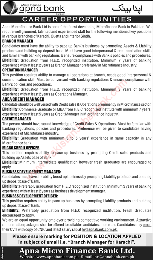 Apna Microfinance Bank Jobs July 2018 Credit Managers, Business Development Officers & Others Latest