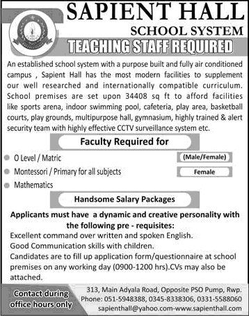 Teaching Jobs in Rawalpindi July 2018 at Sapient Hall School System Latest