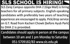 Teaching Jobs in Islamabad July 2018 at SLS School Zaraj Campus Latest