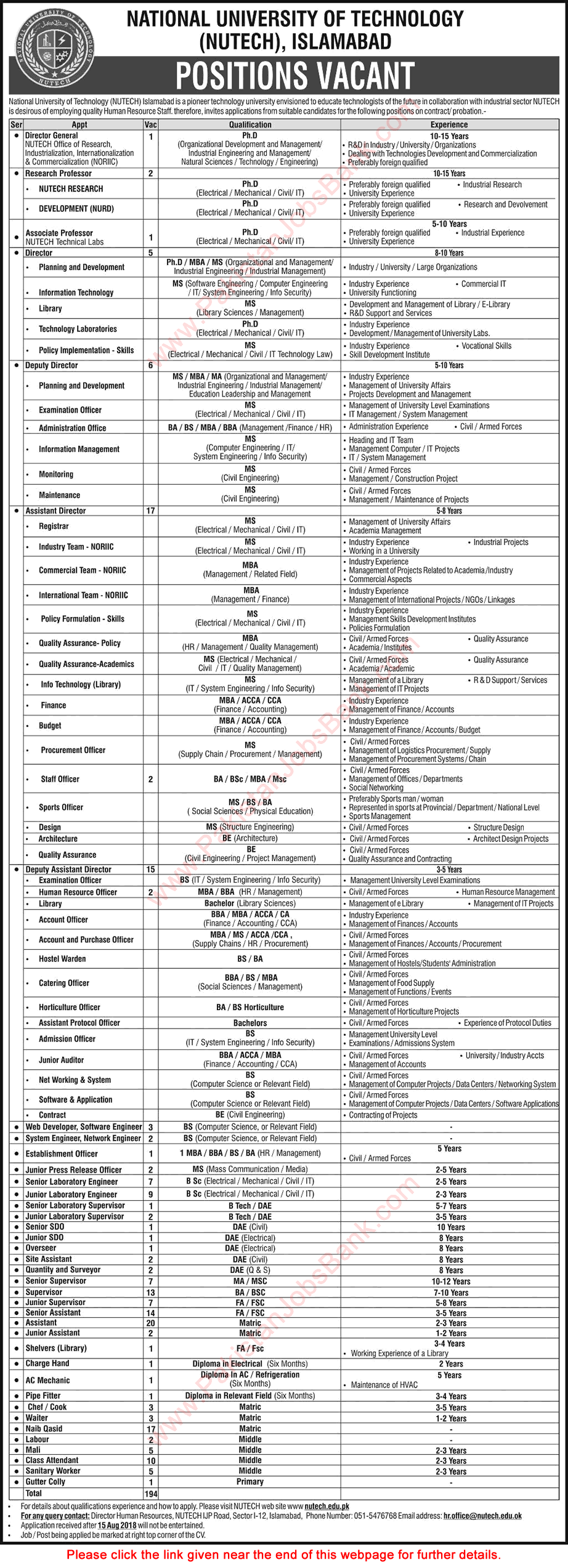 National University of Technology Islamabad Jobs July 2018 August Assistant Directors, Supervisors & Others Latest